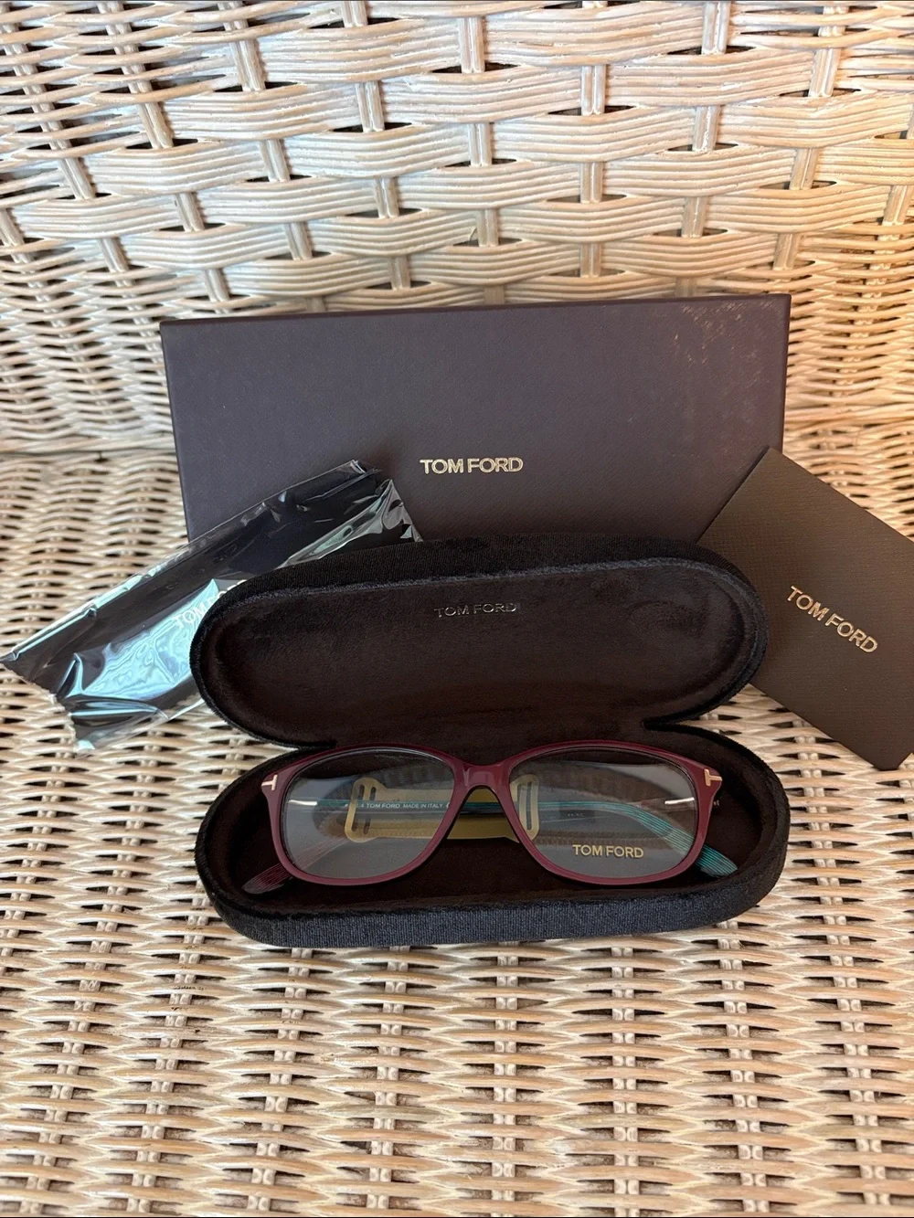 Tom Ford Women's Maroon Frame Optical Glasses with Gold Accents